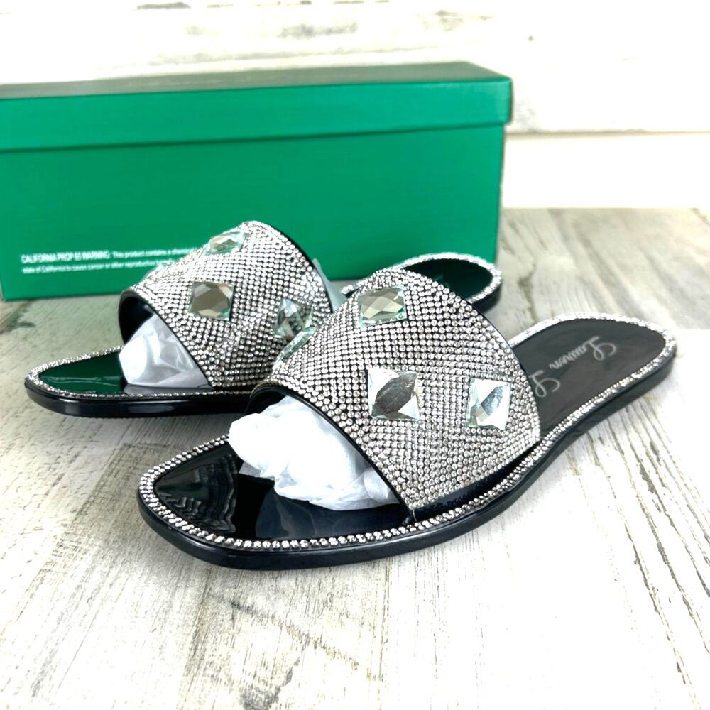 Lauren Lorraine Womens 8.5 Bianca Black Silver Jeweled Jelly Slide Sandals NEW